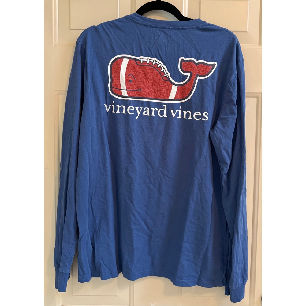 Vineyard Vines Blue Long Sleeve Football Whale Pocket Tee Sz M Gameday Preppy